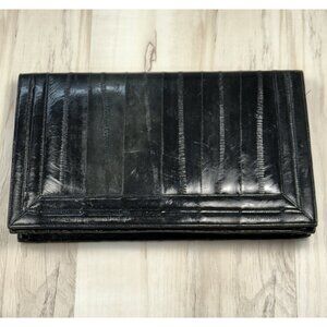 VTG 12"x7" Black Genuine EEL SKIN Envelope Clutch Shoulder HANDBAG Purse Korea